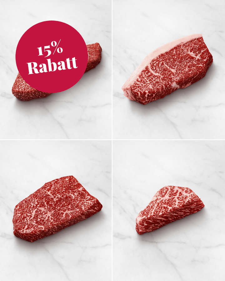 Wagyu Steak Selection - Die beliebtesten Wagyu Cuts genießen, Wagyu-Steak in Tranchen, Wagyu Tataki, Premium-Fleisch, Wagyu Bestseller-Paket