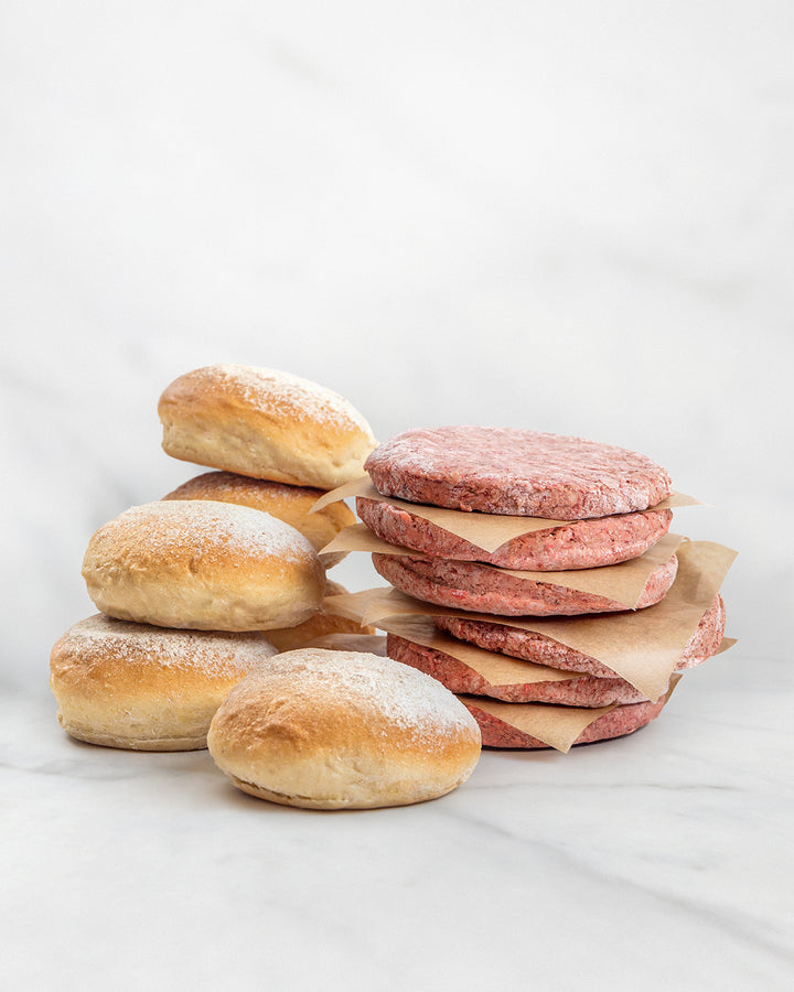 6er Wagyu Burger Set auf weißem Hintergrund, Wagyu Burger Combi, 6er Pack Wagyu Burger Patties, Wagyu Beef Burger Package, Wagyu Burger Meal Kit, Deluxe Wagyu Burger Set